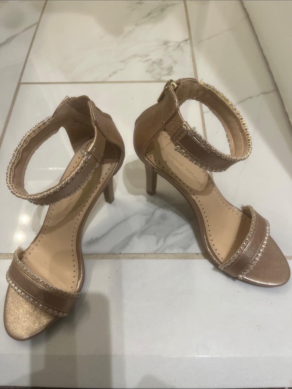 Adrienne Vittadini Gold Beaded Ankle-Strap Heels